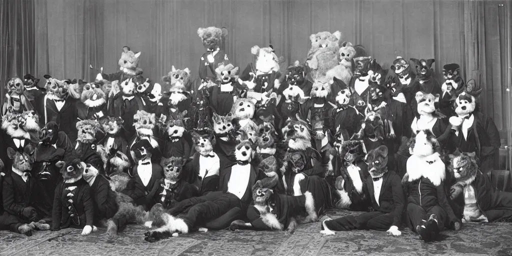 Prompt: a furry convention taking place in a luxury hotel, 1 9 0 0 s photograph