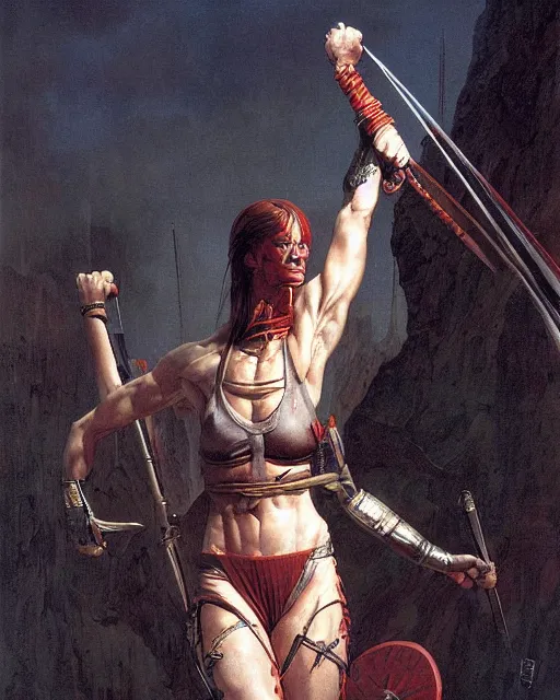 Prompt: a portrait of a fit female warrior by boris valejo and Thomas Cole and Wayne Barlowe