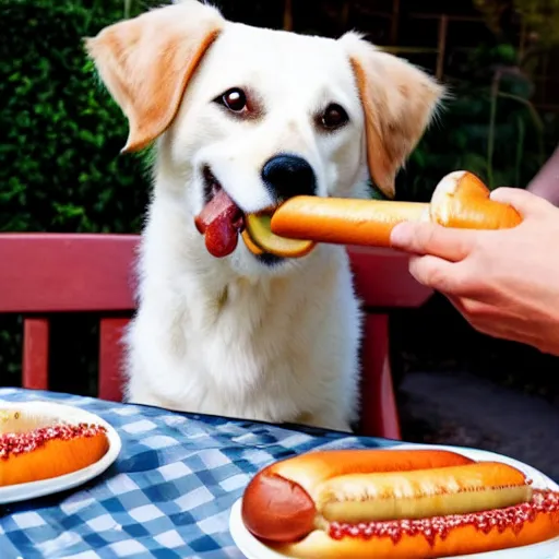 Image similar to a dog eating a hot dog, surreal