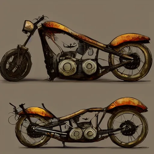 Image similar to Rustic homemade chopper motorcycle, styleframe, concept art, artstation, madmax, brush texture, painted with oil, cartoon network