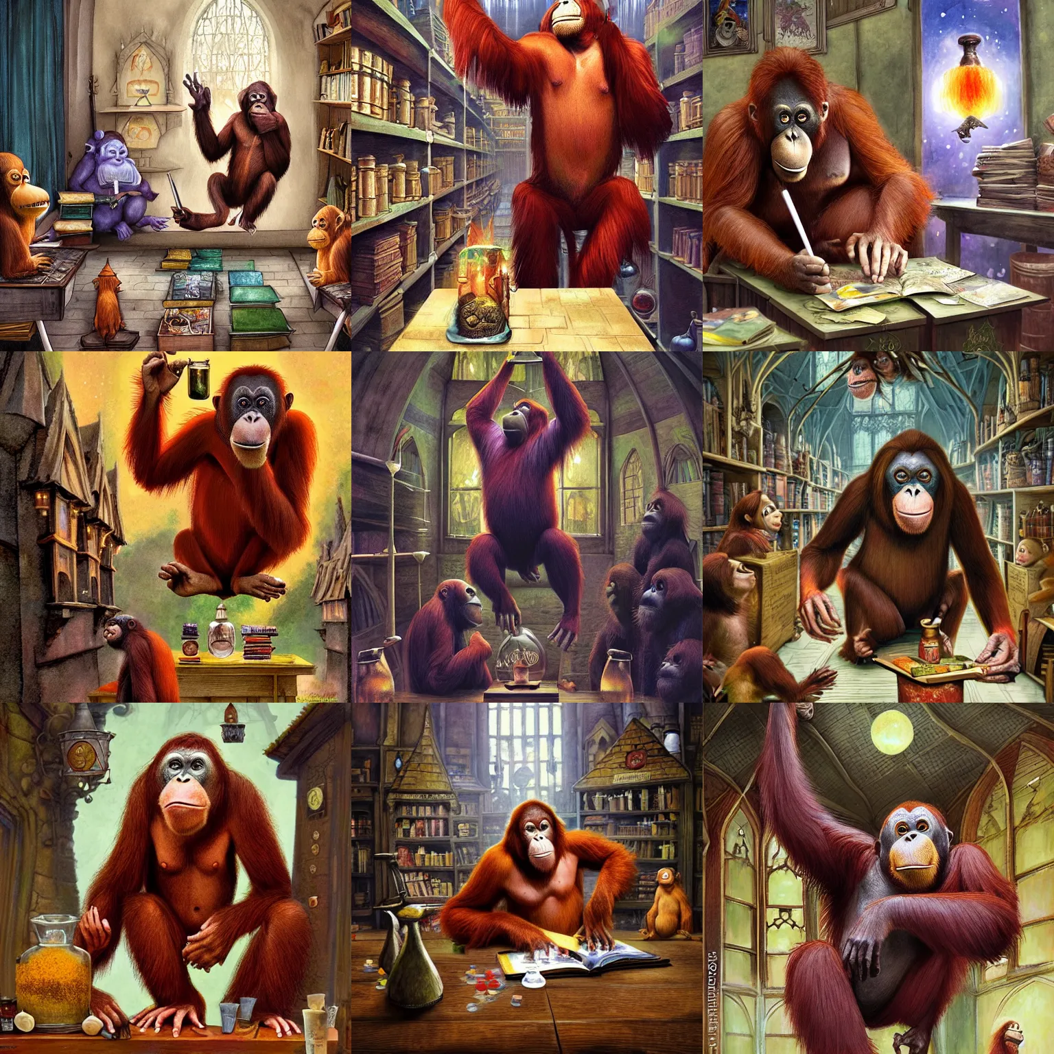 Prompt: Orangutan teaches at a potion class in Hogwarts, School of Witchcraft and Wizardry, detailed, hyperrealistic, colorful, cinematic lighting, digital art by Paul Kidby, Jonny Duddle and Jim Kay