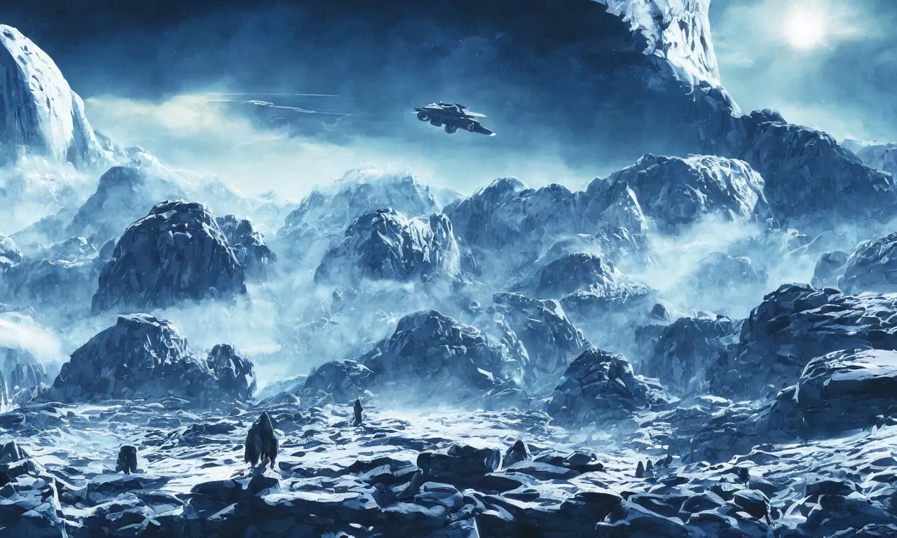 Image similar to frozen planet with mountains in clouds on the background, ravine in front, science-fiction, cinematic lighting, cinematic angle, Syd Mead, Federico Pelat, daylight, blue sky, spaceship in the sky