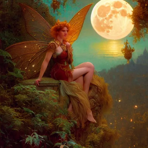 Image similar to attractive fairy magically floating high in the night, fantasy, full moon in background. highly detailed painting by gaston bussiere, craig mullins, j. c. leyendecker, mid shot, 8 k realistic, cryengine, frostbite 3 engine, sharp focus