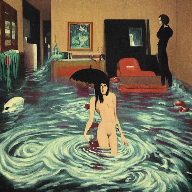 Image similar to tall female emo vegan socialist artist in their flooded apartment, painting of flood waters inside an artist's home, a river flooding indoors, pomegranates, pigs, ikebana, zen, water, octopus, river, rapids, waterfall, black swans, canoe, berries, acrylic on canvas, surrealist, by magritte and monet