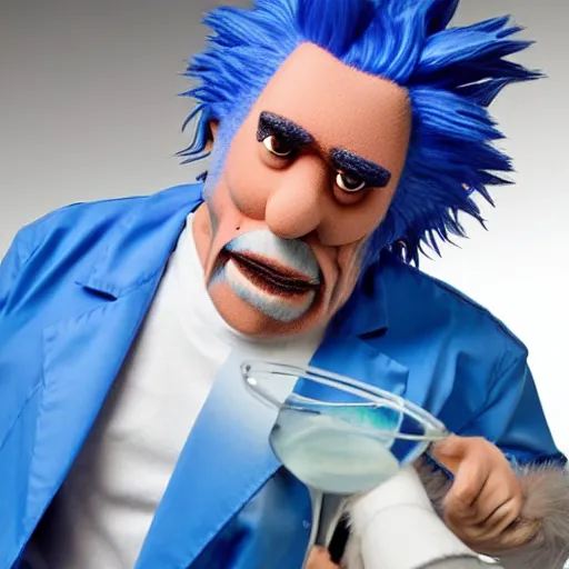 Image similar to rick sanchez with blue hair, wearing a white lab coat as a muppet. hyper real. 4 k. very detailed.