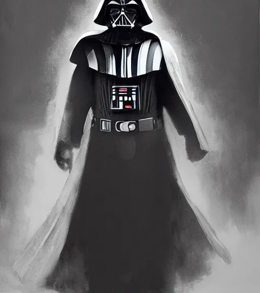 Prompt: black-and-white portrait of Darth Vader by Craig Mullins; extraordinary-masterpiece; realistic-lighting