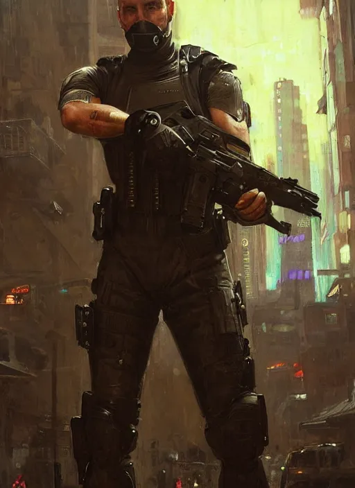 Image similar to 🤼♂. cyberpunk police trooper in a military vest ( blade runner 2 0 4 9, cyberpunk 2 0 7 7 ). orientalist portrait by john william waterhouse and james gurney and theodore ralli and nasreddine dinet, oil on canvas. cinematic, hyper realism, realistic proportions, dramatic lighting, high detail 4 k