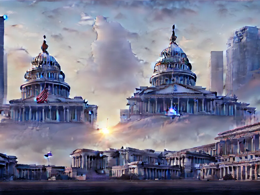 Image similar to matte painting by fan wennan. future capitol of the american communist party shining in the sun after the triumph of socialism in america, hyperdetailed, cinematic, photorealistic, hyperrealism, masterpiece, future communist governmental architecture, statue, imposing, strength, abundance. america 2 0 9 8