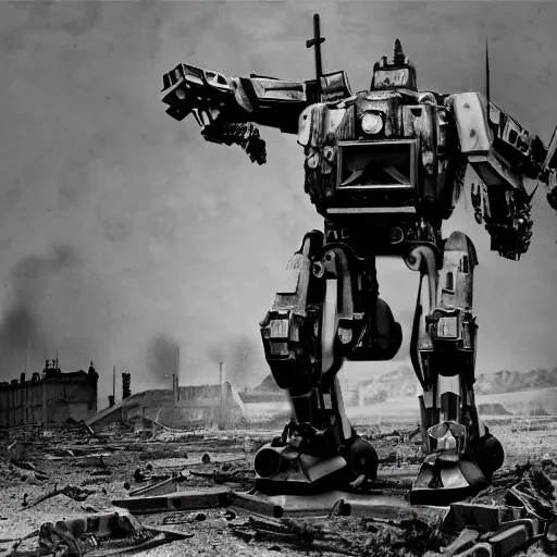 Prompt: giant robot in world war 1 black and white historical photo photoreallistic 4k