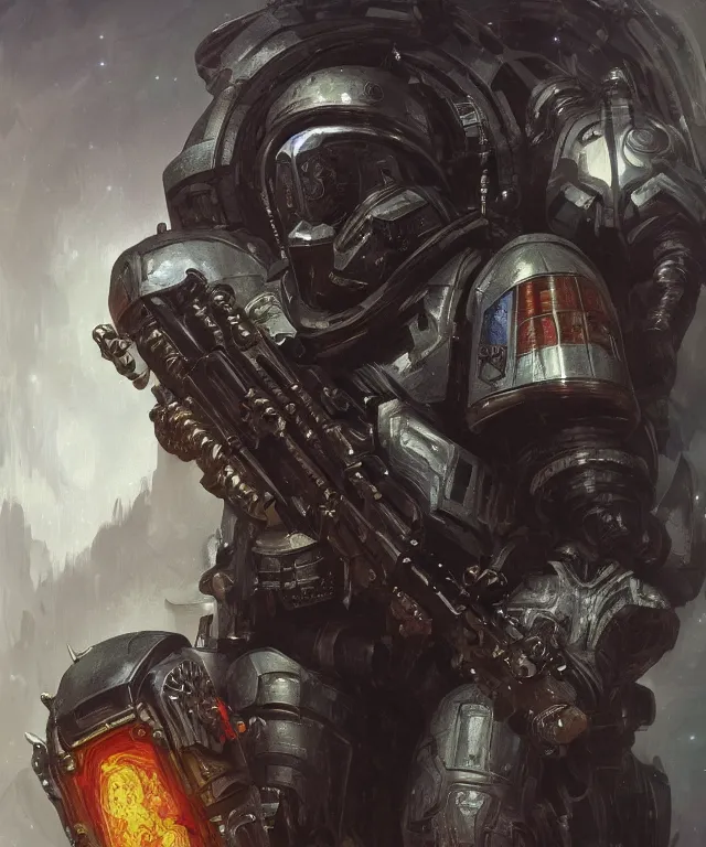 Image similar to morgan freeman as warhammer 4 0 k space marine chaplain, portrait, fantasy, intricate, elegant, highly detailed, digital painting, artstation, concept art, smooth, sharp focus, illustration, art by artgerm and greg rutkowski and alphonse mucha