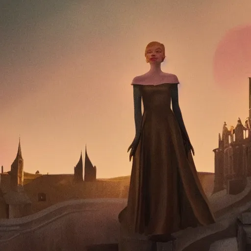 Image similar to Elle Fanning, head and shoulders masterpiece, in Anor Londo, golden hour, in a garden, artstation, in the style of Art Deco and Edward Hopper and Bosch, extremely detailed