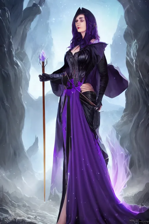 Prompt: Pretty Sorceress, wearing Black and purple robes, Dark blue hair, magic wooden staff, fully covered, corset, Epic fantasy, romantic lead, pretty face, trending by artstation, artstationhd, artstationhq, matte painting, 8k UHD