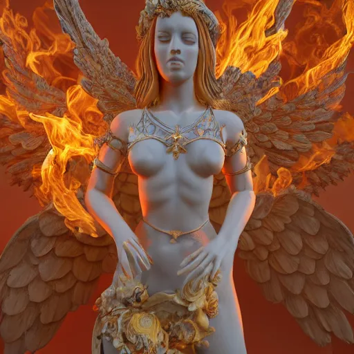 Image similar to fully body image of baroque style ornate warrio angel standing in bed of roses surounded by fire and smoke, moody rim light, dynamic lighting, cinematic shot, ultra detail, renderman, physically based render