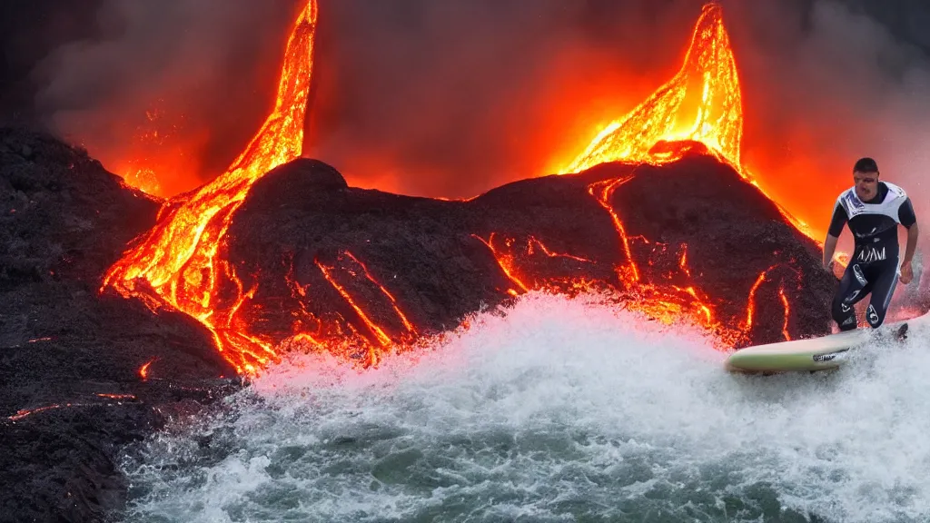 Image similar to person wearing a sponsored team jersey with logos surfing down a river of lava on the side of a volcano on surfboard, action shot, dystopian, thick black smoke and fire, sharp focus