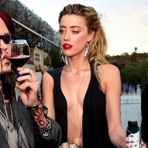 Prompt: Amber Heard yelling and throwing a wine bottle at Johnny Depp