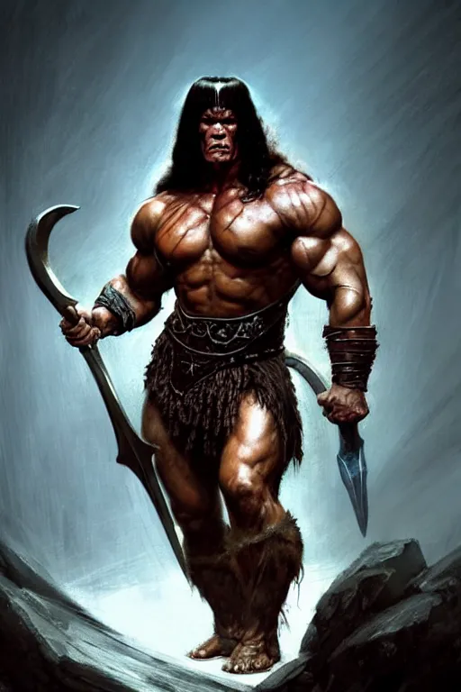 Prompt: full body portrait of [ [ [ john cena ] ] ] as conan the barbarian, art by frank frazetta, greg rutkowski and peter mohrbacher, dramatic action pose, extremely detailed shading, sharply focused, concept art, digital painting, trending on artstation, unreal engine 5, octane render, atmosphere, glow, cinematic lighting, full of color
