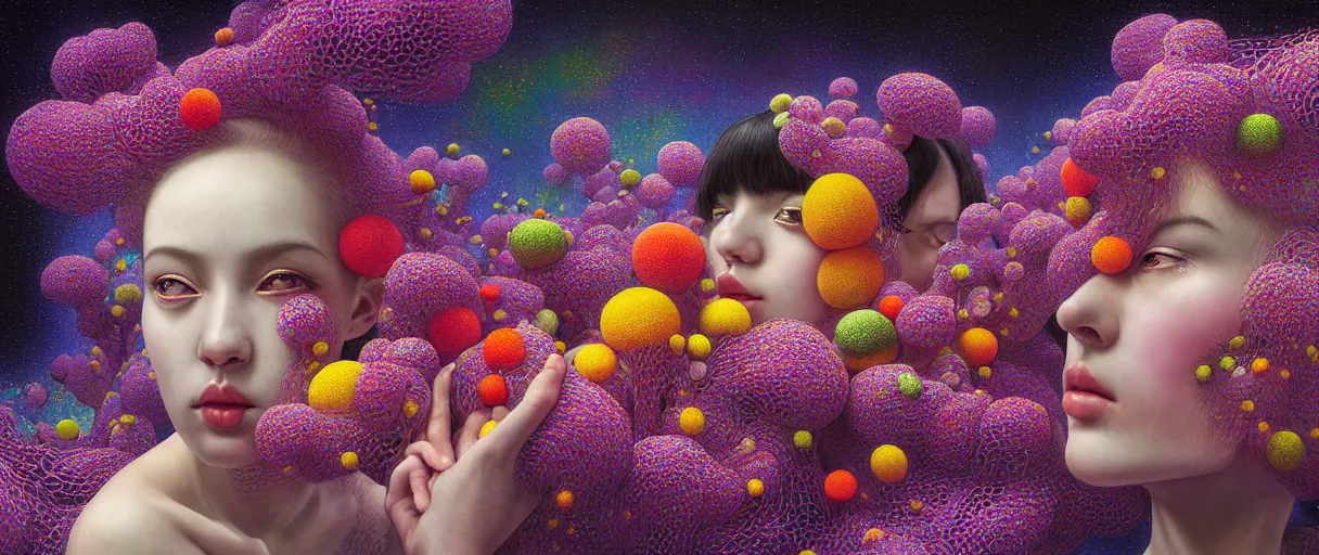 Prompt: hyper detailed 3d render like a Oil painting - kawaii portrait Aurora (black haired fairy laying back) seen Eating of the Strangling network of yellowcake aerochrome and milky Fruit and Her delicate Hands hold of gossamer polyp blossoms bring iridescent fungal flowers whose spores black the foolish stars by Jacek Yerka, Mariusz Lewandowski, Houdini algorithmic generative render, Abstract brush strokes, Masterpiece, Edward Hopper and James Gilleard, Zdzislaw Beksinski, Mark Ryden, Wolfgang Lettl, hints of Yayoi Kasuma, octane render, 8k