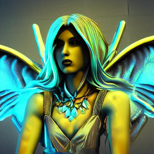 Prompt: gorgeous gothic angel in a neon city, masterpiece render, extremely detailed