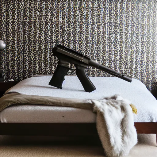 Image similar to designer photography of bedroom themed to guns motif. bed has guns blankets. wall has guns pattern. furniture has guns motif. furniture is shaped like guns. carpet has guns motif. lighting has guns shapes