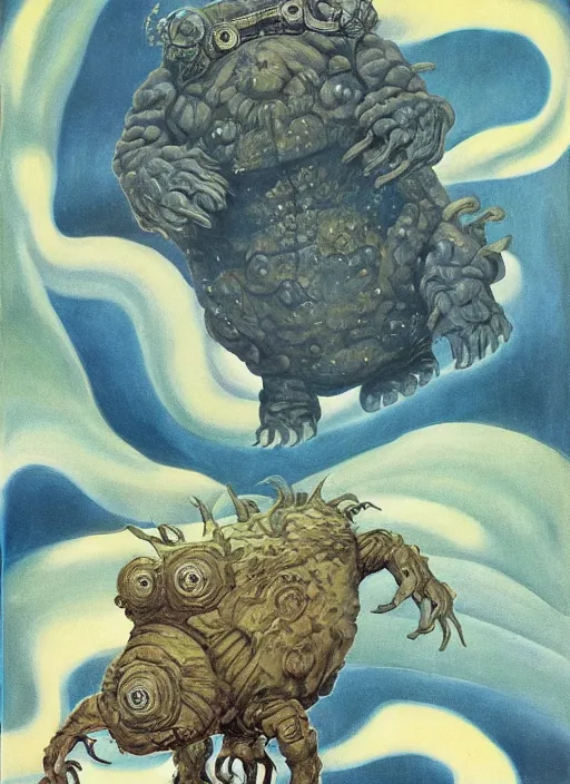 Prompt: a giant tardigrade kaiju retro japanese monster slimy, oil painting, 7 0 s vintage art, by georgia o keeffe, by kay nielsen, by gustave dore, by frank frazetta, nausicaa