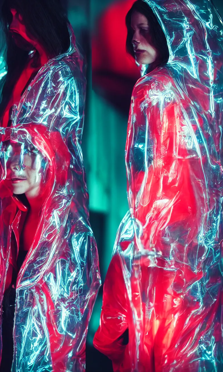 Prompt: A hyper realistic and detailed head portrait photography of a woman wearing a futuristic transparent raincoat with hoodie by annie leibovitz. Neo noir style. Cinematic. Red neon lights and glow in the background. Cinestill 800T film. Lens flare. Swirly bokeh.