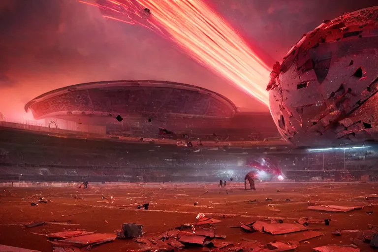 Image similar to meteorites fall from the red sky upon a crumbling football stadium, crowds panic, cinematic lighting by Jessica Rossier, stunning volumetric lighting, photorealistic, hyper detailed, unreal engine 5, IMAX quality, cinematic, epic lighting