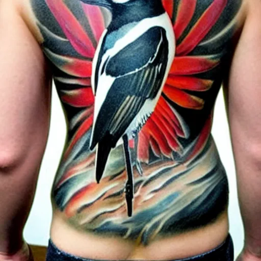 Image similar to back piece tattoo of a magpie flared out holding a pennant in it's claws, high detail