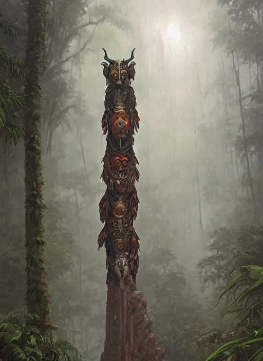 Image similar to a totem in the jungle surrounded by mist, representing amazonian shamanic traditions, tribal masks, symetrical totem, hyper detailed, art by christophe vacher