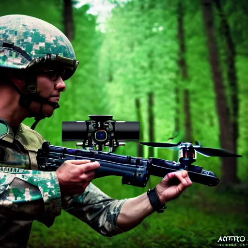 Prompt: A soldier in a forest shooting at an enemy drone with his machine gun, HDR, 8k, trending on artstation