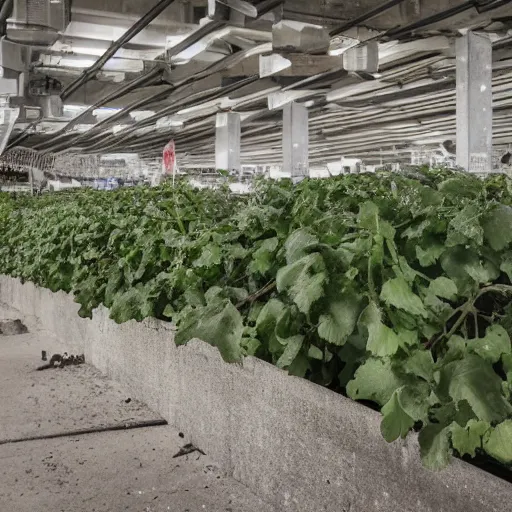 Image similar to a ransacked grocery store, broken signs, filthy flooring. Vines growing. Award-winning photo. OM system 12–40mm PRO II 40mm, 1/100 sec, f/2 8, ISO 800