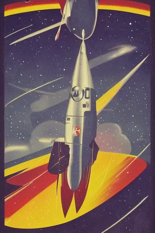 Prompt: poster of rocket flying through space, 1 9 5 0 s style, futuristic design, dark, symmetrical, washed out color, centered, art deco, 1 9 5 0's futuristic, glowing highlights, intense