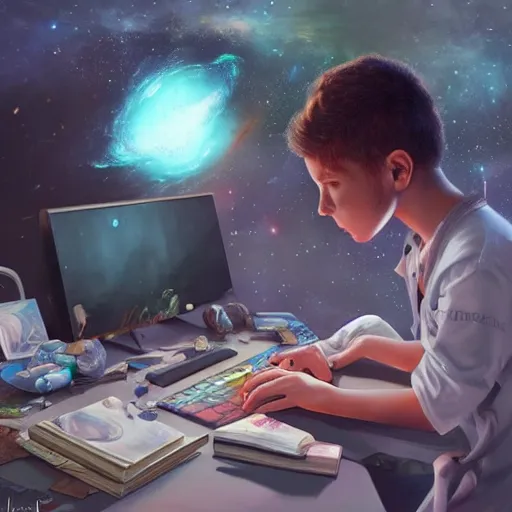 Image similar to a young mage creating a universe in his PC, hyperrealistic, extremely detailed, award-winning art, trending on Artstation