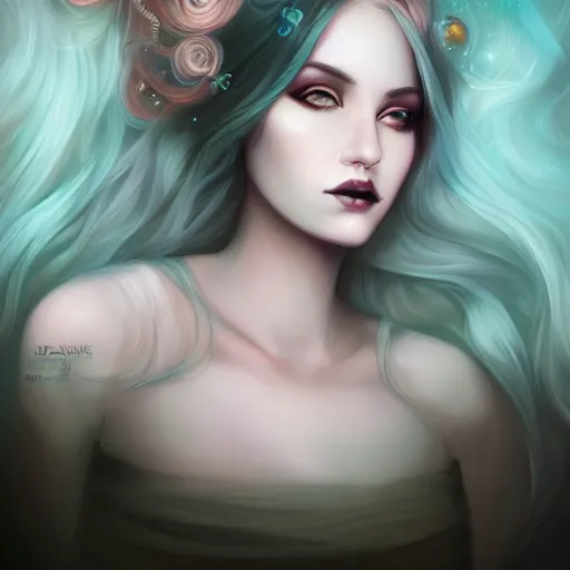 Prompt: portrait of a woman inspired by lois van baarle, charlie bowater, anna dittmann, illustration, iridescent, iridescent hair, face, hair styles, gothic makeup, glitter, self confidence, cinematic 8 k