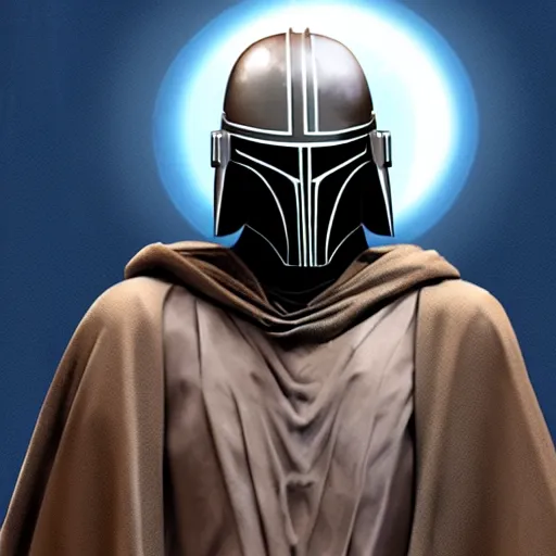 Prompt: a robed, hooded jedi knight wearing a mandalorian mask, concept art