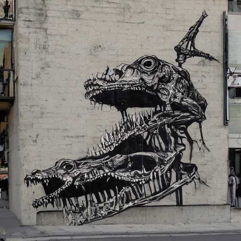 Image similar to Street-art painting of crocodile skeleton in style of Banksy, photorealism