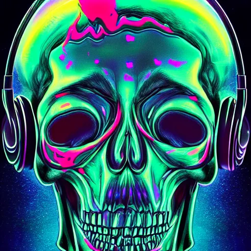 Image similar to melted human skull with headphones, retrowave, synthwave, psychedelic background with sacred geomerty elements in style of alex gray, digital art, artstation