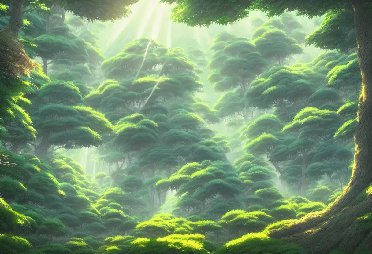 Image similar to a beautiful ultradetailed painting of forest, studio ghibli sunlight, archdaily, wallpaper, highly detailed, trending on artstation