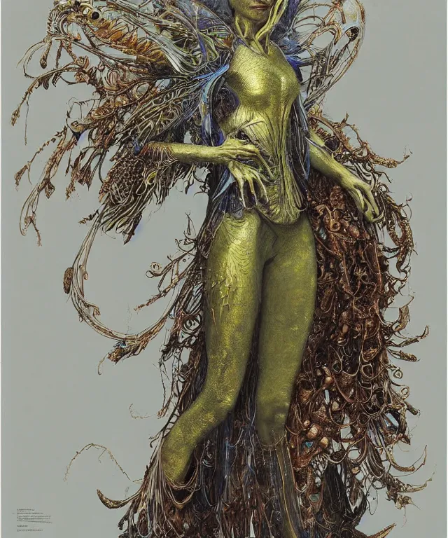 Prompt: a portrait photograph of a fierce sadie sink as a strong alien harpy queen with amphibian skin. she trying on a glowing and fiery lace shiny metal slimy organic membrane parasite collar and transforming into an evil insectoid flower bird. by donato giancola, walton ford, ernst haeckel, peter mohrbacher, hr giger. 8 k, cgsociety