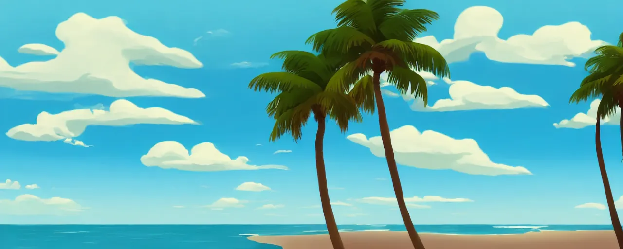 Image similar to illustration of a beach horizon with clouds and one palm tree in the style of goro fujita