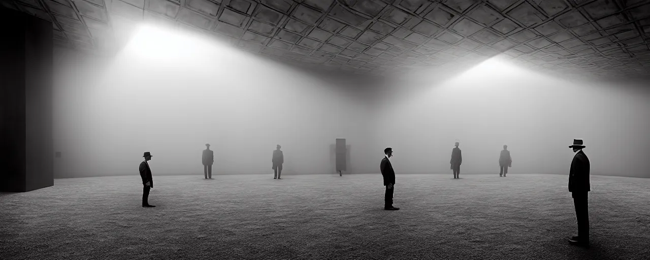 Prompt: Hyper realistic photo of a interior brutalist museum, ((Gold sculpture in the middle)), alone man with suit and hat in the distance, sun rays at sunset, hard shadows, fog, Hyper realistic film photography by Sebastiao Salgado, Zeiss 18mm f2.8, Hasselblad, insanely detailed, sharp focus