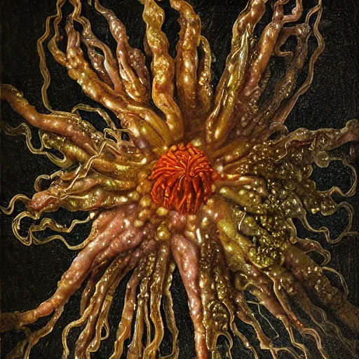 Image similar to disgusting disturbing dutch golden age bizarre mutant wet dew flower floral still life with many human toes realistic human toes blossoming everywhere insects very detailed fungus tumor disturbing tendrils bizarre slimy forms sprouting up everywhere by rachel ruysch christian rex van minnen black background chiaroscuro dramatic lighting perfect composition high definition 8 k 1 0 8 0 p