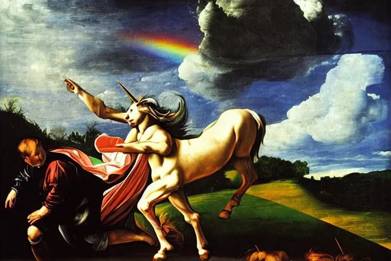 Image similar to a unicorn in the style of Caravaggio, walking across a rainbow. Beautiful clouds, highly detailed. Dramatic composition and beautiful light.