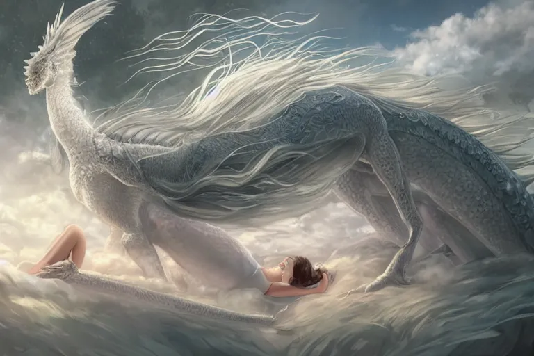 Image similar to a hyper detailed big render that beautiful princess lie on the ground be surrounded in the white clouds fairyland center by a huge silver white dragon, finely detailed angelic face, style of studio ghibli, makoto shinkai, xision, ilya kuvshinov and artgerm, kazuki tanahashi, james jean, animation style, golden curve composition, telephoto lens