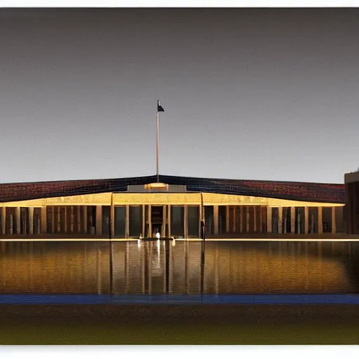 Prompt: australian parliament house in the style of john martin, epic, volumetric, dark lighting, painting, canberra