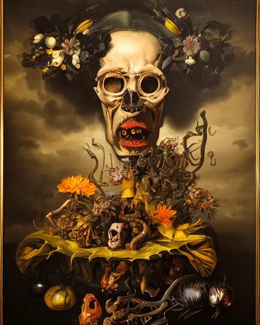 Image similar to refined gorgeous blended oil painting with black background by christian rex van minnen rachel ruysch dali todd schorr of a chiaroscuro portrait of an extremely bizarre disturbing mutated man made of still life flowers and rubber insects with shiny skin acne dutch golden age vanitas intense chiaroscuro cast shadows obscuring features dramatic lighting perfect symmetry perfect composition masterpiece