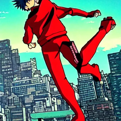 Image similar to an anime image in the style of akira, with a character leaping through the air, striking at a huge bat robot.