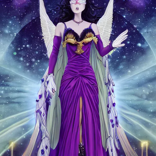 Prompt: an extremely detailed tarot card of an unbelievably beautiful queen of the moon with long black hair and purple eyes, long red strapless floor length dress, shinny deep blue high heels, ostentatious and extravagant masquerade ball, neoclassical architecture, 4 k, artstation, detailed, realistic, in a baroque luminst anime style