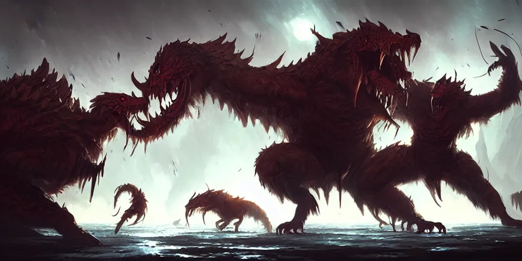 Image similar to hyper realistic fantasy monster fight scene, concept art, by greg rutkowski