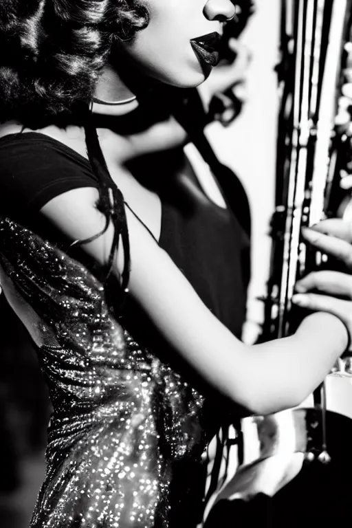 Prompt: a jazz lounge with a female singer on stage with black fancy 2 0 s hairstyle. full hd noire roaring twenties style photography with moody lighting. professional award winning photography of music