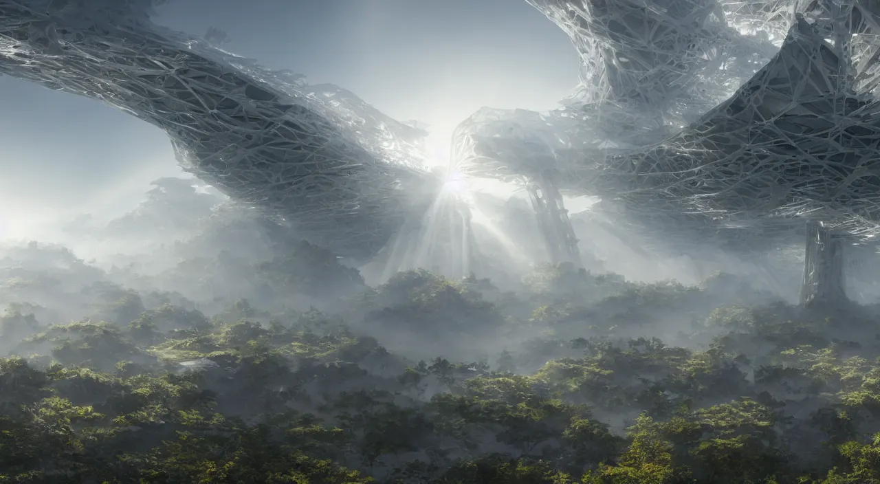 Prompt: a cellular tectonic biological crystallographic bridging megastructure architecture towers, by glenn small, by albert bierstadt, by sparth, photorealistic, zaha hadid, god rays, volumetric lighting, detailed, extremely intricate, raytrace, octane, light fog, keyshot